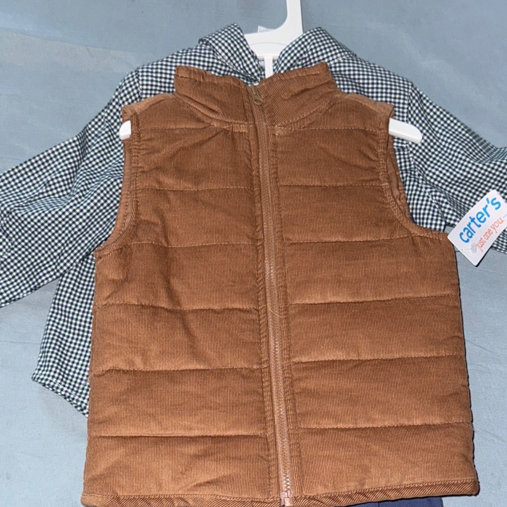 Carter's Tan Puffer Vest with Checkered Shirt